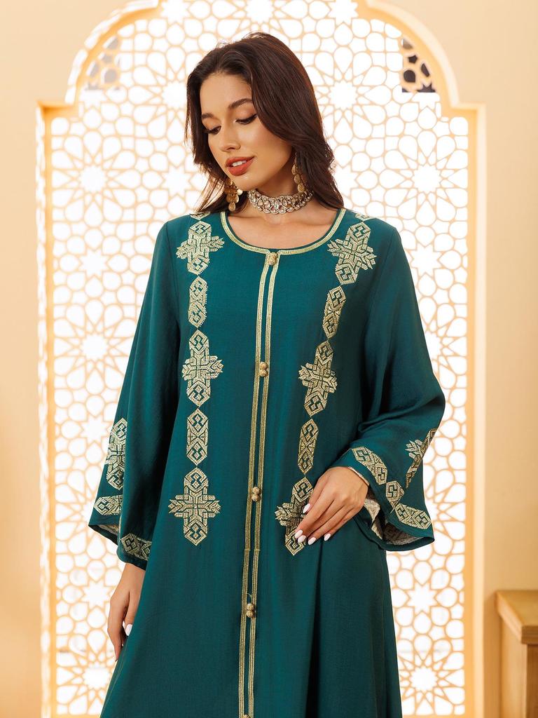 Middle Eastern Floral Embroidered Muslim Jalabiya Robe, Dubai Dress
