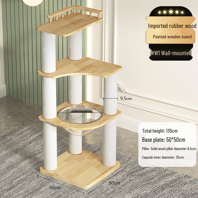 Solid Oak Cat Tree with Wall-Mounted Space Capsule Bed