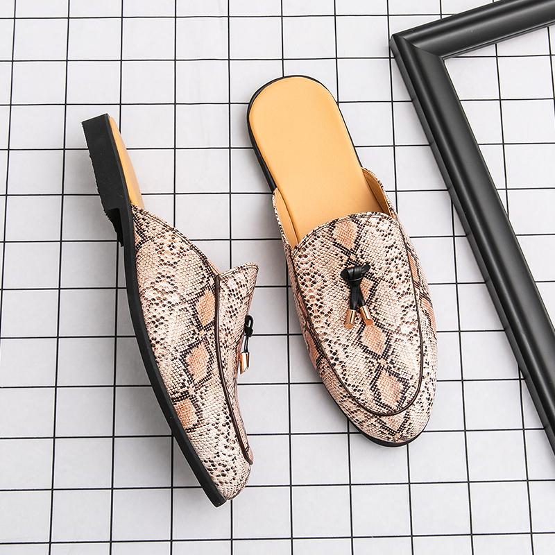 Fashion Men's Summer Snake Print Large Size Loafers Slip-On Mule Shoes Breathable Casual Leather Sandals Comfortable Flats Slippers