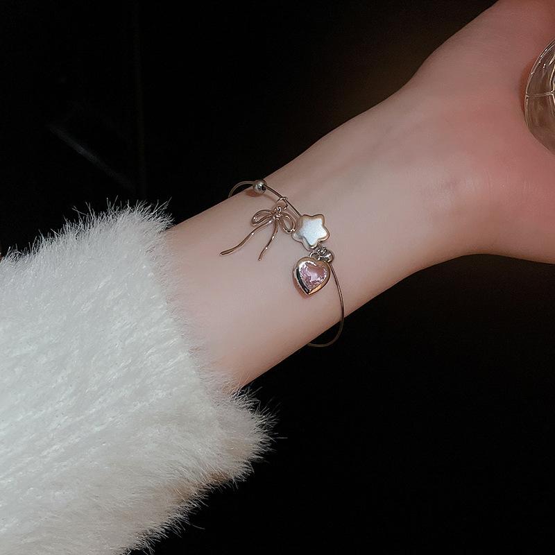 Fashion Women's Bowknot Pendant Bracelet Star Pink Zircon Heart Open Bangle Bracelet Accessory for Women Girl Y2K Style