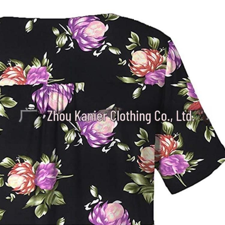 Women Summer Casual Floral Print Short Sleeve Henry Shirt