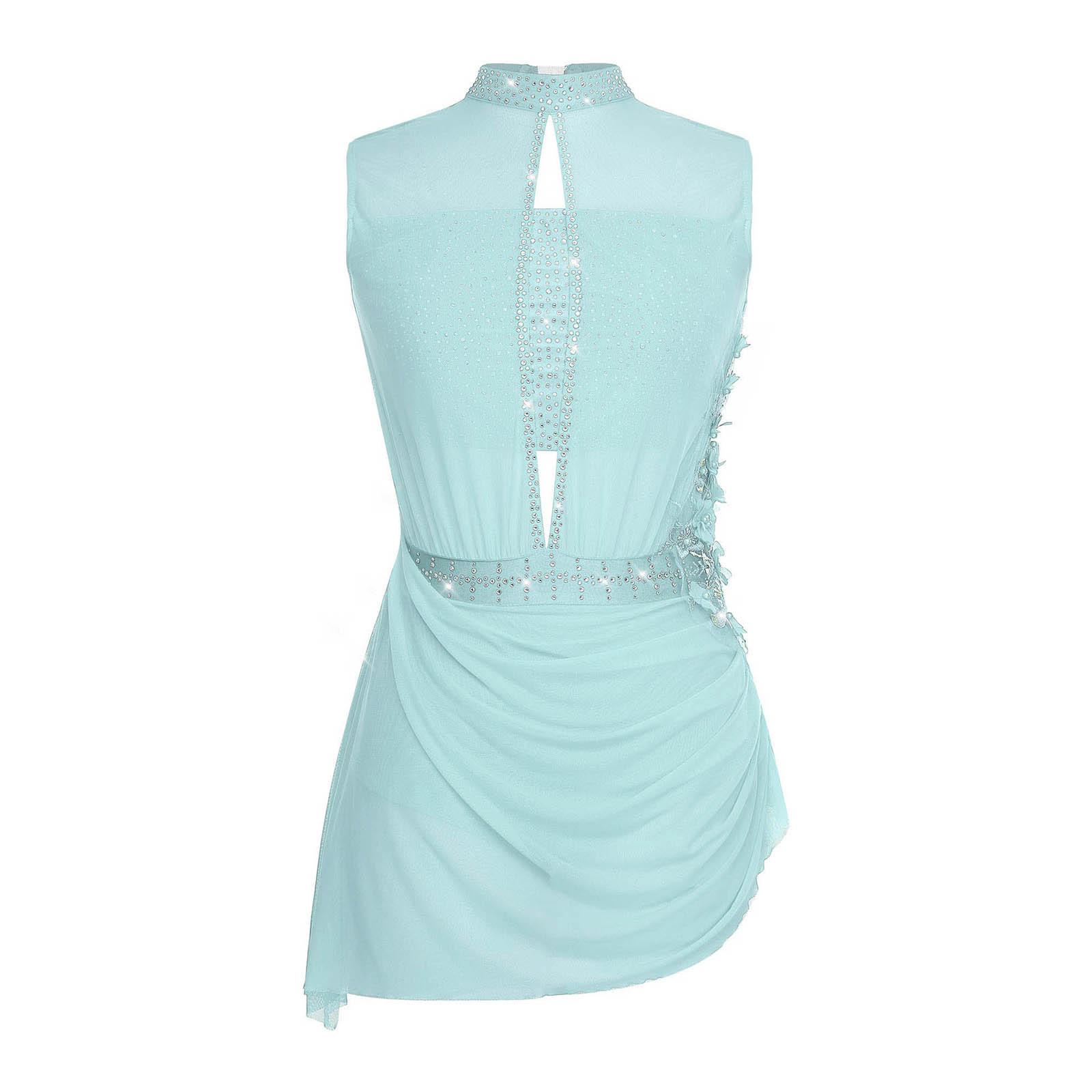 

Жіноча сукня для фігурного катання без рукавів з відкритою спиною з вирізом, напівпрозорою сітчастою накидкою та блискучими стразами, асиметрична сукня для виступів S світло-синій колір