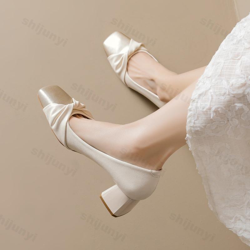Woman High Heel Shoes Elegant Square Toe Butterfly Knot Slip on Pumps French Style Pleated Design Daily Versatile Dress Heels