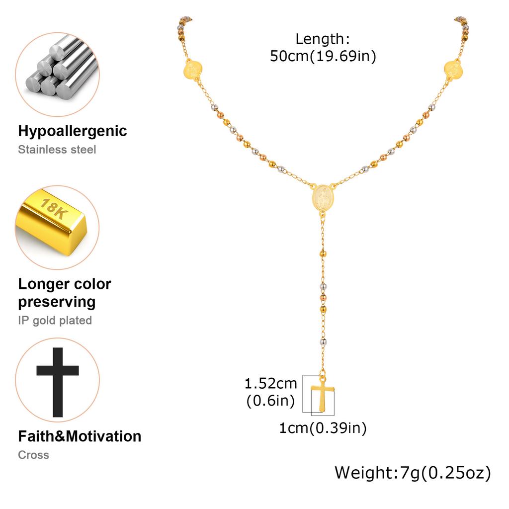 Tri-color Beaded Virgin Mary Y-shaped Necklace, Holy Spirit Cross Pendant Necklace for Women, Stainless Steel Religious Jewelry