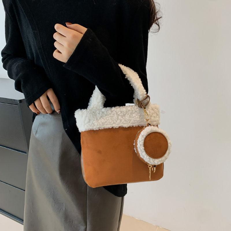 Autumn Winter New Lamb Wool Contrast Color Splice Bag Frosted Texture Korean Popular Handbag Simple Shoulder Crossbody Bag