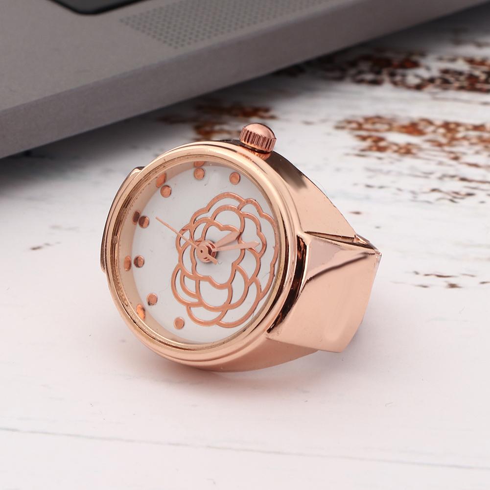 Finger Ring Watch Round Dial Rose Flower Pattern Women Finger Quartz WatchRose Gold