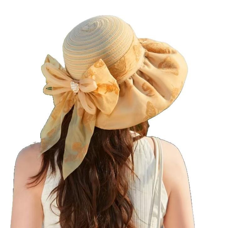 Summer Sun Protection Hat For Women With Butterfly Bow And Floral Pattern Polyester Material