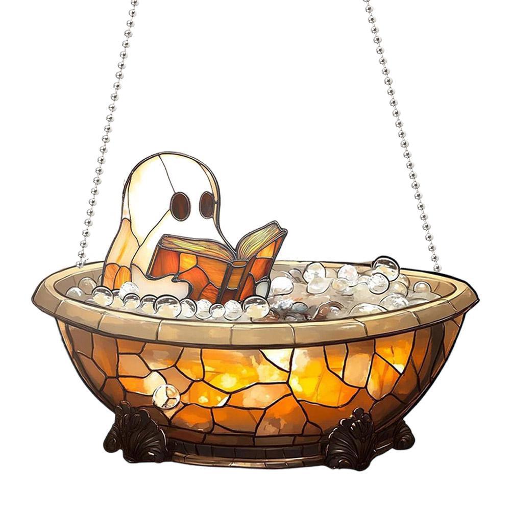 Halloween Ghost Reading Book Suncatcher Hanging Decor Acrylic Window Hanging Ornament Colorful Shadow Home Car Interior Decor