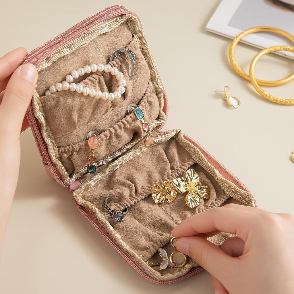 Layered PU Leather Travel Jewelry Storage Bag for Earrings, Rings, and Bracelets with Pull-String Closure
