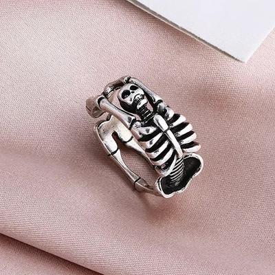 Nouvelle Bague Ouverte Squelette Os Créative Gothique & Punk pour Unisexe Bague Rétro Exagérée Hip Hop Rock Vintage Couleur Argent