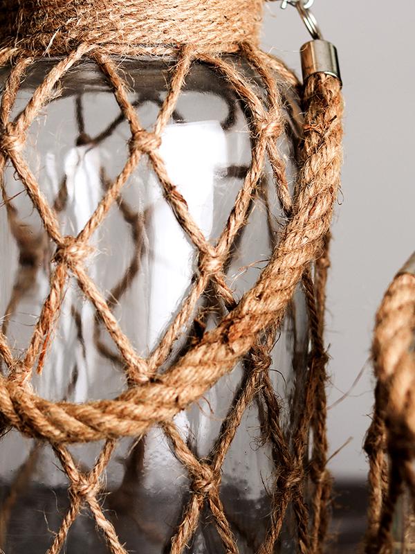 Retro Dried Flower Arrangement Glass Vase with Hemp Rope – Transparent Desktop Ornament for Home Decor