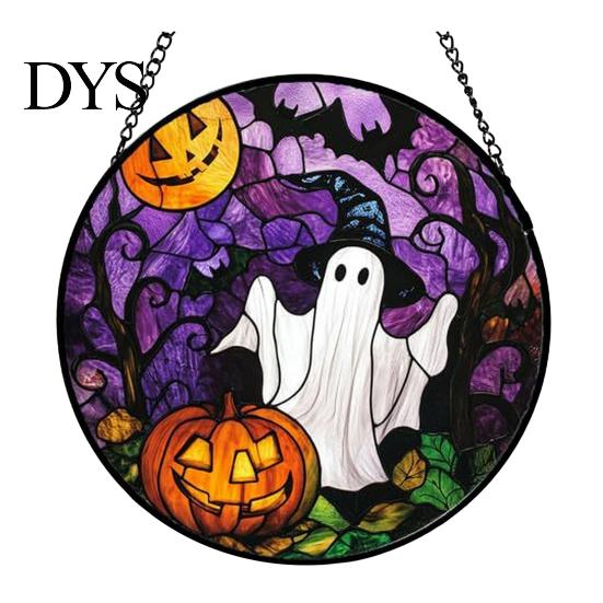 Creative Halloween Souvenirs Stained Glass Suncatcher Ornament, Vintage Hanging Window Decor with Pumpkin Ghost Bat Witch Moonlit Wall Hangings