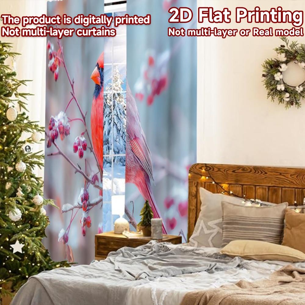2 st, 2D FLATTRYCKTA Gardiner (Utan stång) Vinter Kardinal Populära Gardiner&Draperier Festivaltryck Ljusfiltrerande Gardiner