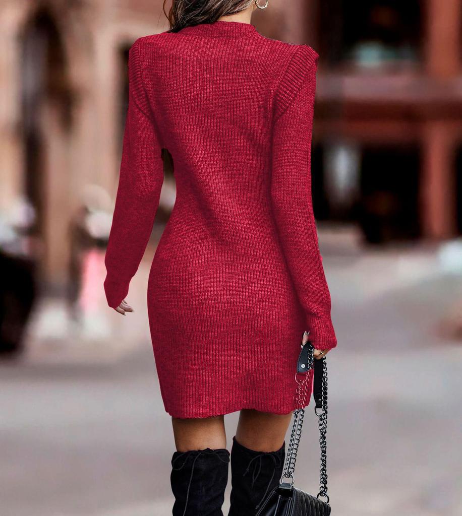 2026 Autumn/Winter Women's Solid Color Round Neck Long Sleeve Bodycon Sweater Dress
