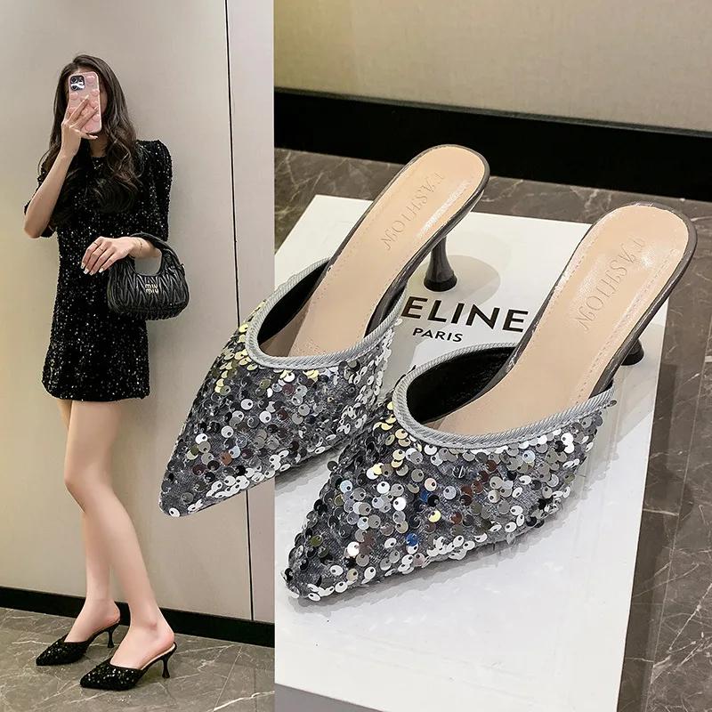 Luxury Women's 2024 Summer Korean Edition Sequin Heel High Heel Slippers for Women's Outwear Pointy Slippers