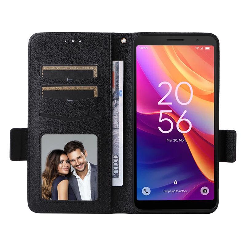 TCL 501 4G Leather Phone Case with Card Slot, Stand, and Lanyard.