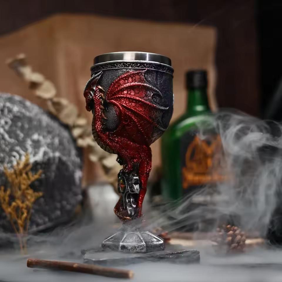 Medieval Dragon Cross Sword Goblet Stainless Steel Inlaid Resin Hand-painted Creative Party Wine Cocktail Glass Drinkware