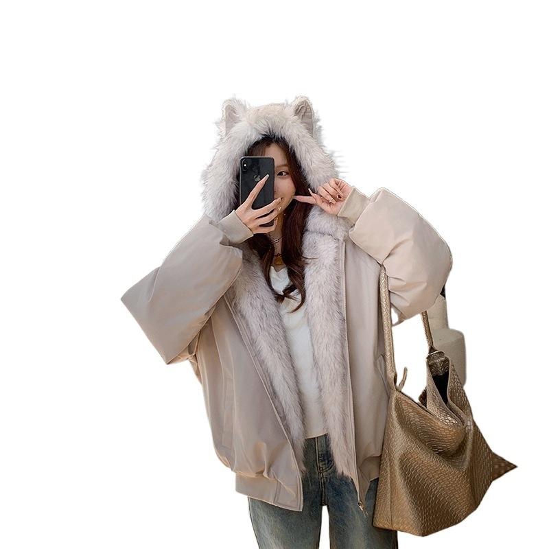 Winter new wear hooded seat mountain carving pie to overcome short cat ears tide loose cotton coat women