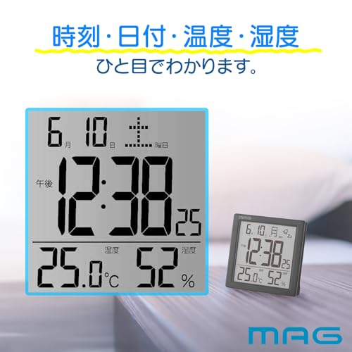 MAG Cassini AT-726 BK-Z Digital Alarm Clock with Thermometer, Hygrometer, Calendar, Electronic Sound, Alarm, Snooze Function, and Light, Black, by Noa