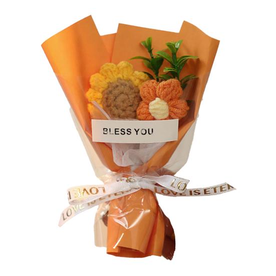Crochet Flower Bouquet Handmade Knitted Mini Artificial Bouquet Fake Puff Flower Gift for Mother Wife On Birthday Anniversary