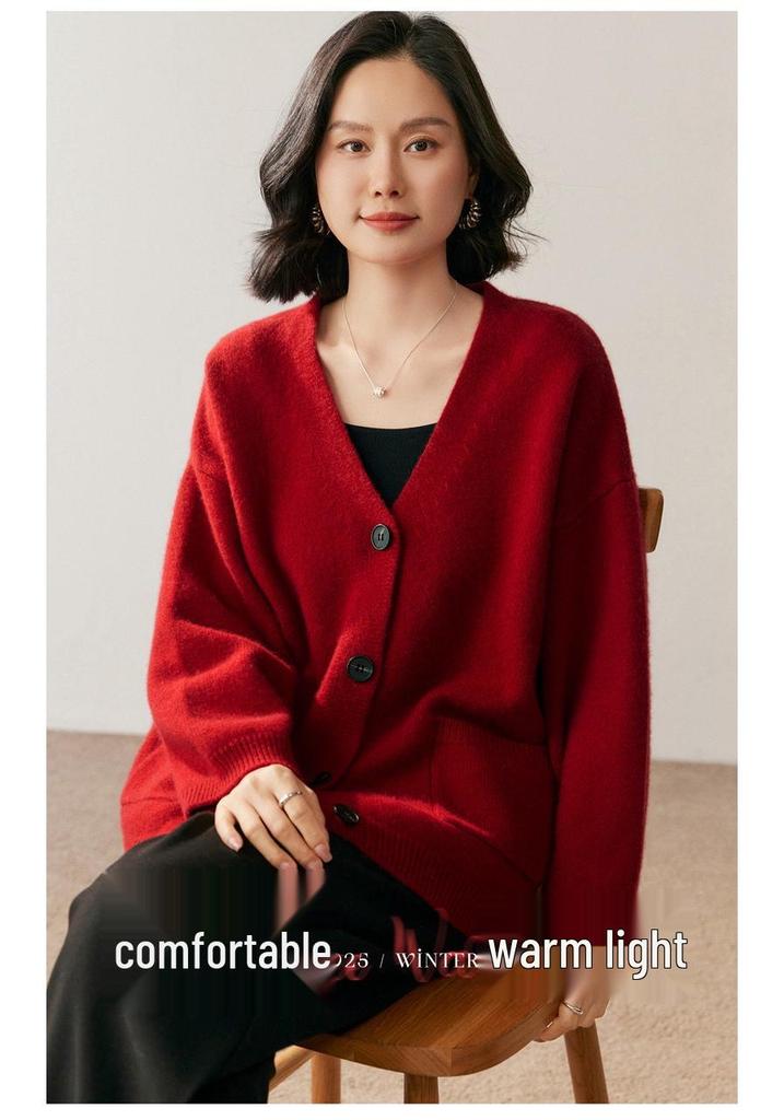 2026 Autumn/Winter Women's Oversized V-Neck Cashmere Cardigan Sweater