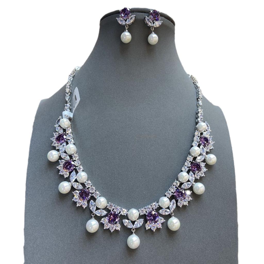Purple Crystal Zircon Necklace Full Diamond Flower Earrings Banquet Exquisite Accessories Bridal Accessories Set