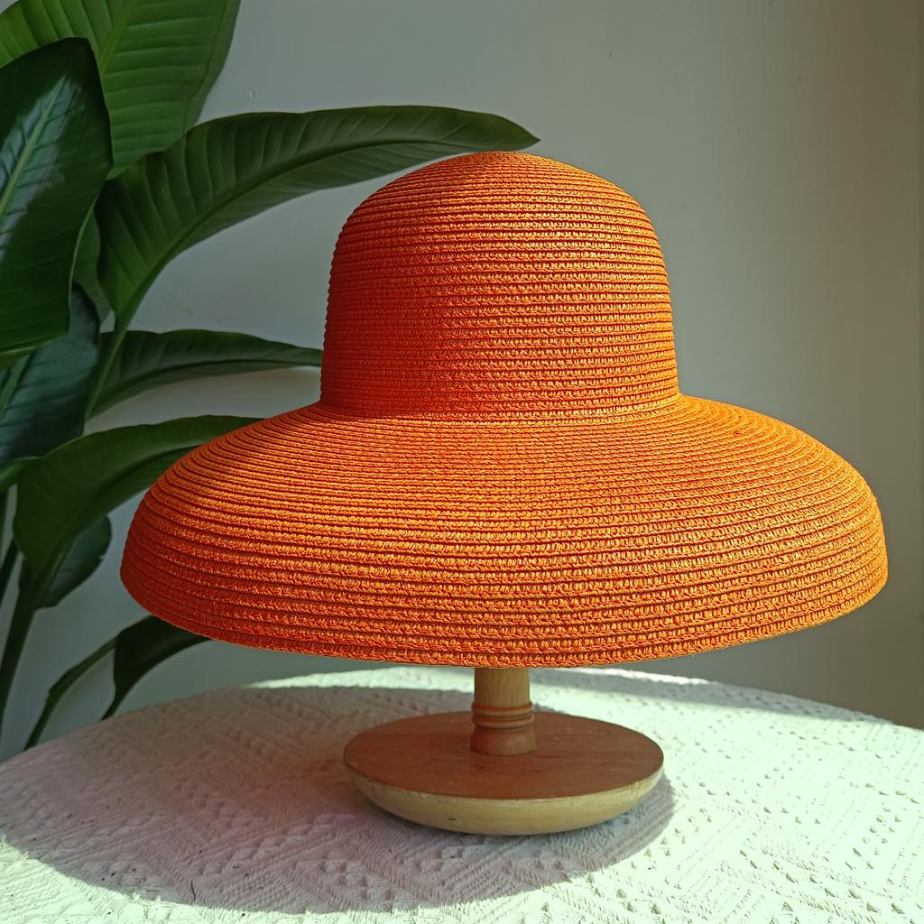 Summer Hepburn Straw Hat Retro Design Large Brim Straw Hat for Women Large Brim Orange New Solid Color Beach Vacation Large Sun