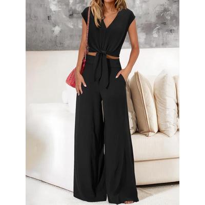2026 Summer Women's V-neck Lace-up Cropped Wide-leg Pants Fashion Set