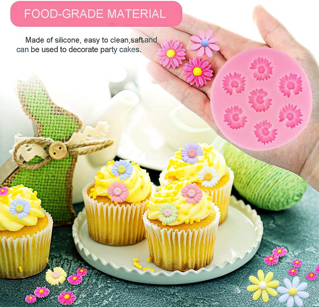 4 Stück Blume Silikonformen Gänseblümchen Chrysantheme Silikonformen Kleine Blume Fondant Kuchen Schokoladenformen Polymer Clay Harzform für Kuchen Dekoration
