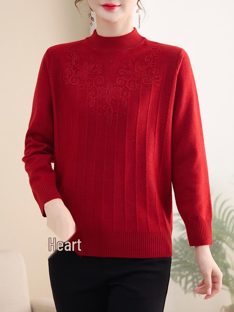 Mamas bestickter Wollpullover: Halbhoher Kragen, Ideale Basisschicht für Frauen mittleren und höheren Alters, Neu für Herbst/Winter