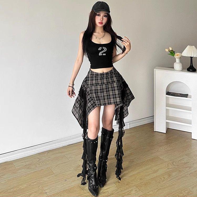 Women's High-Waisted Plaid Skirt - Retro Fashion, Flowy Belted Design, Slimming Irregular Hem