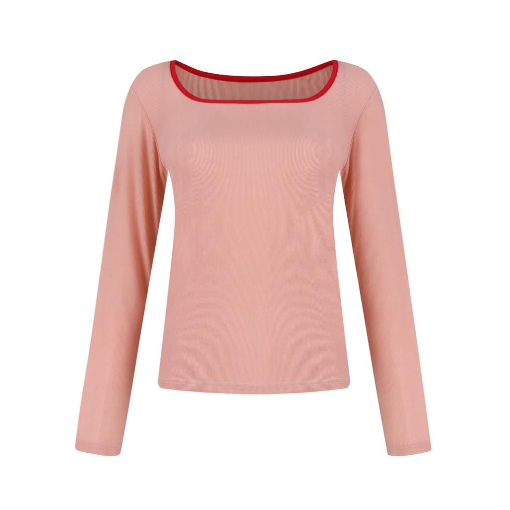 Womens Tops Long Sleeve Scoop Neck Slim Fit Ribbed Knit T Shirts Color Block Shirt