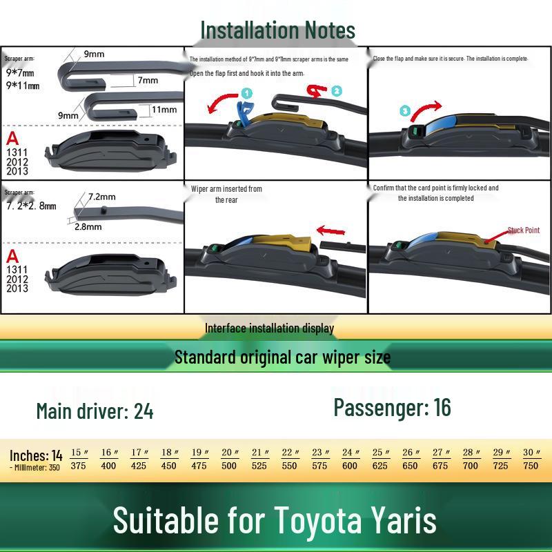 Toyota Yaris Frameless Silent Wiper Blade - Original, Dedicated Rubber Strip