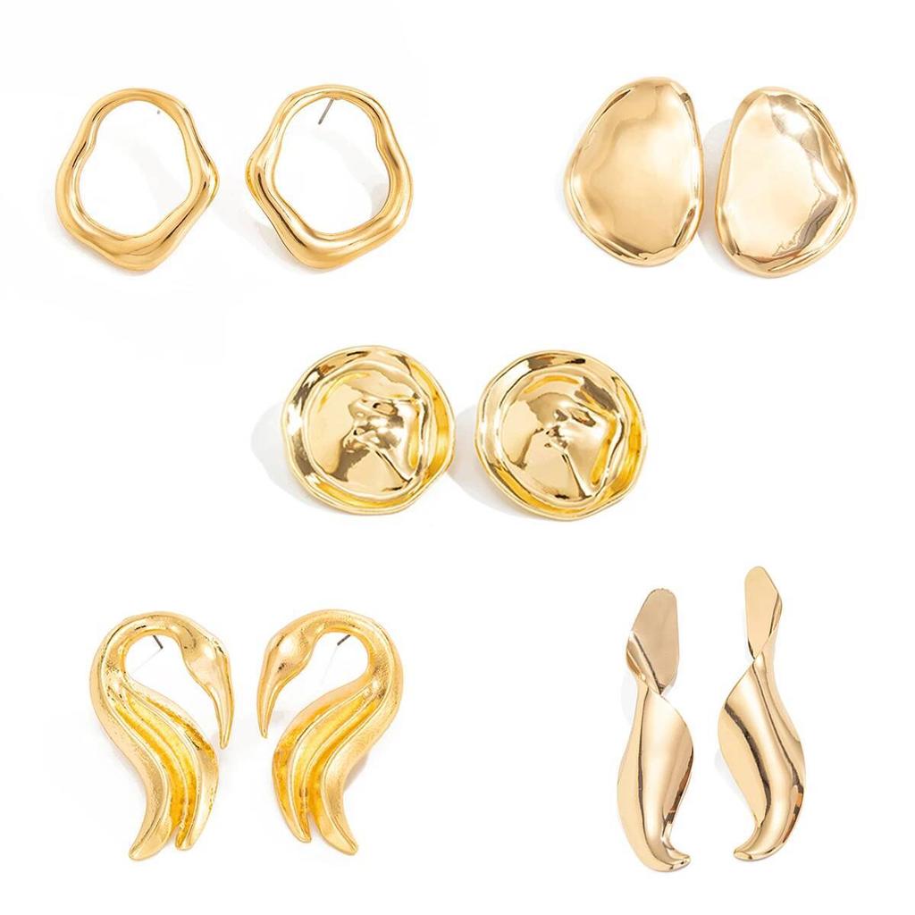 SHIXIN 5 Styles New Trendy Metal Gold Color Geometric Stud Earrings for Women Unique Irregular Round Swan Earrings Jewelry Gifts