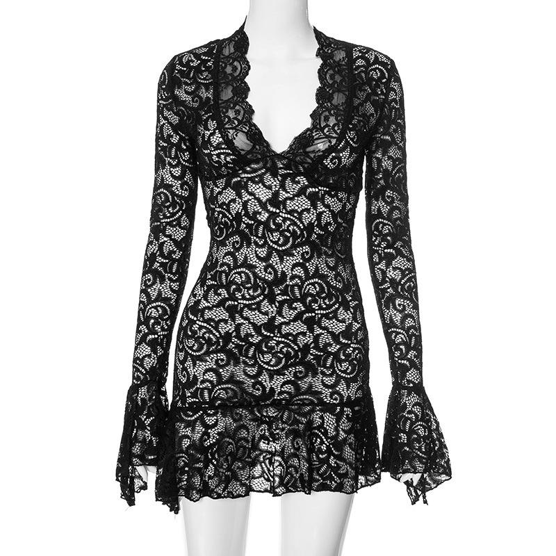 

European & American Lace Hollow Solid Color Low-Neck Long-Sleeved Bodycon Dress – Slimming, Sexy Autumn Style Small