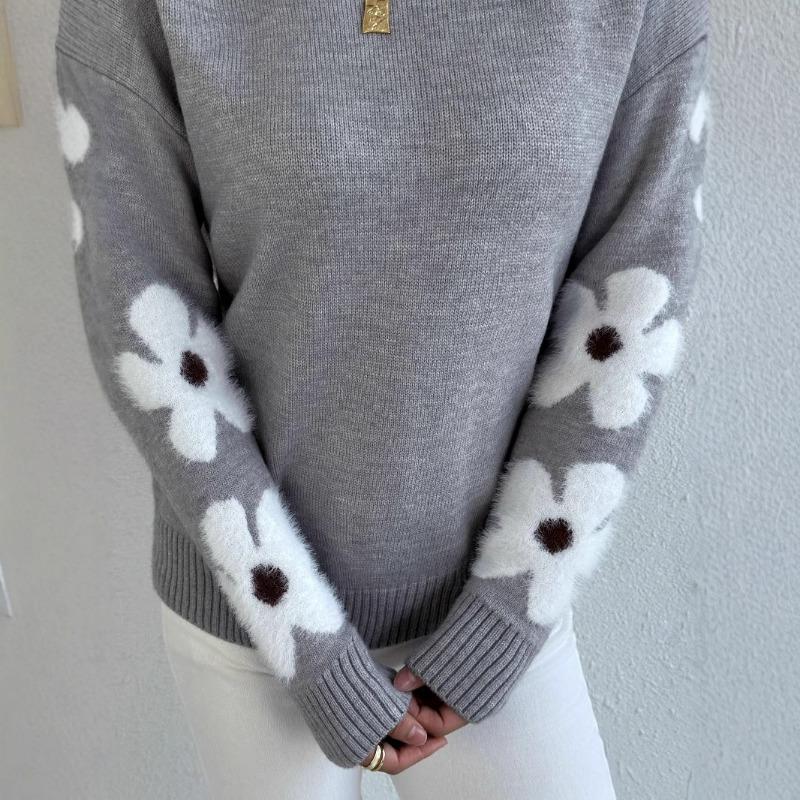 Women's Fashion Casual Fall Winter Flower Pattern Print Long Sleeve O-Neck Sweaters
