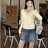 Women Fake Two Piece Long Sleeve T-Shirt V Neck Button Slim Cropped Casual Top S-XL
