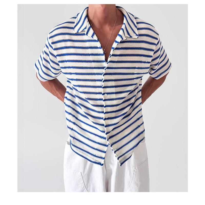 Men's Striped Knit Short Sleeve Button Up Shirt Casual Breathable Fashion Top for Summer Daily Wear