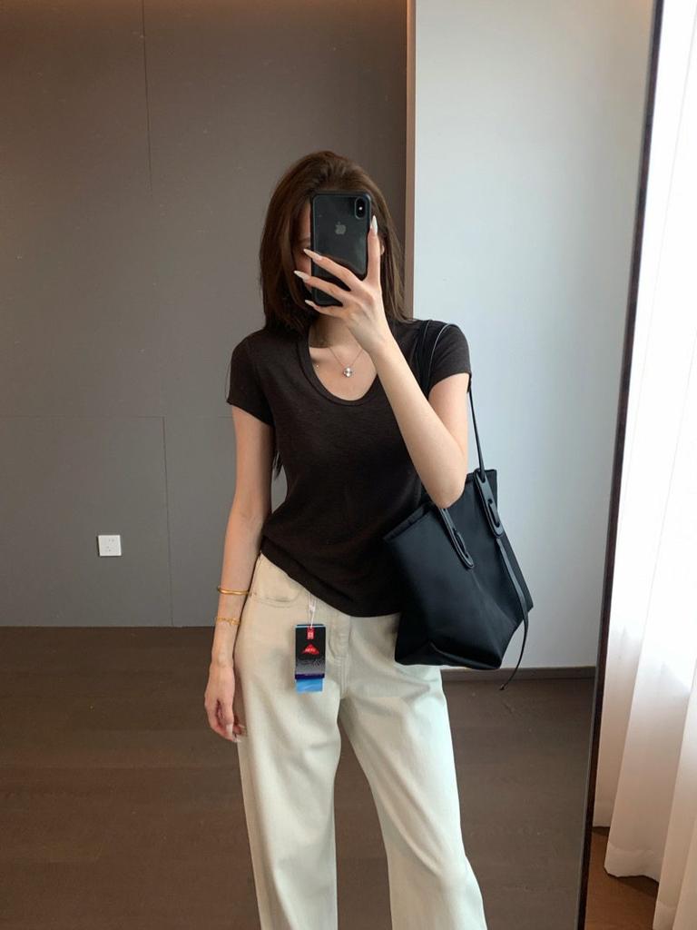 Mustard green white u-neck short-sleeved T-shirt women's summer thin Tencel elastic refreshing summer wind bottoming versatile top