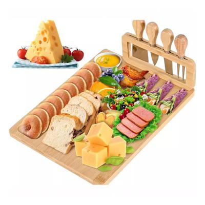 Bamboo Cheese Board Set with 4 Cutters And Cutter Holder Grooves