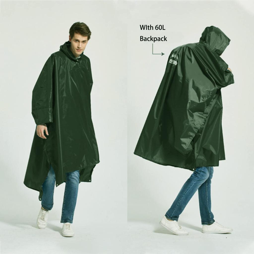 Longsinger Reusable Rain Poncho with Adjustable Hood and Armrests for Outdoor and Men and Army Green Waterproof, Lightweight, Hiking, Fishing,