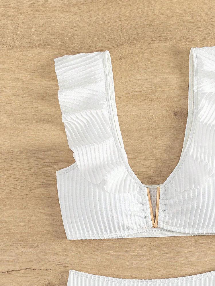 Bikini col V à volants taille haute pour femme