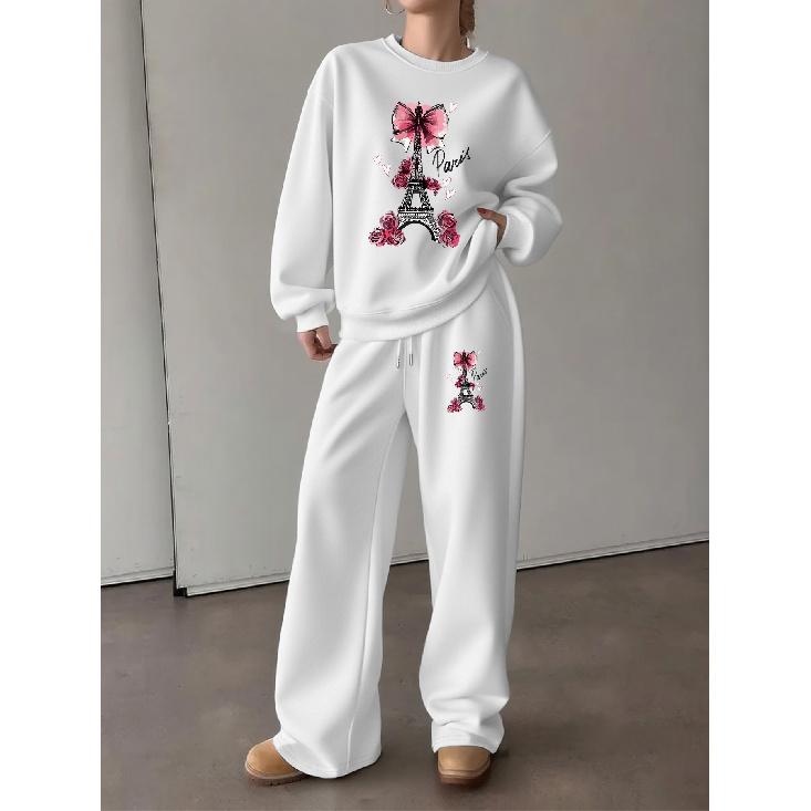Women's Crewneck Sweatshirt & Drawstring Straight-Leg Pants 2-Piece Set, French Eiffel Tower Rose Print Lounge Set, Relaxed & Comfortable Casual Wear