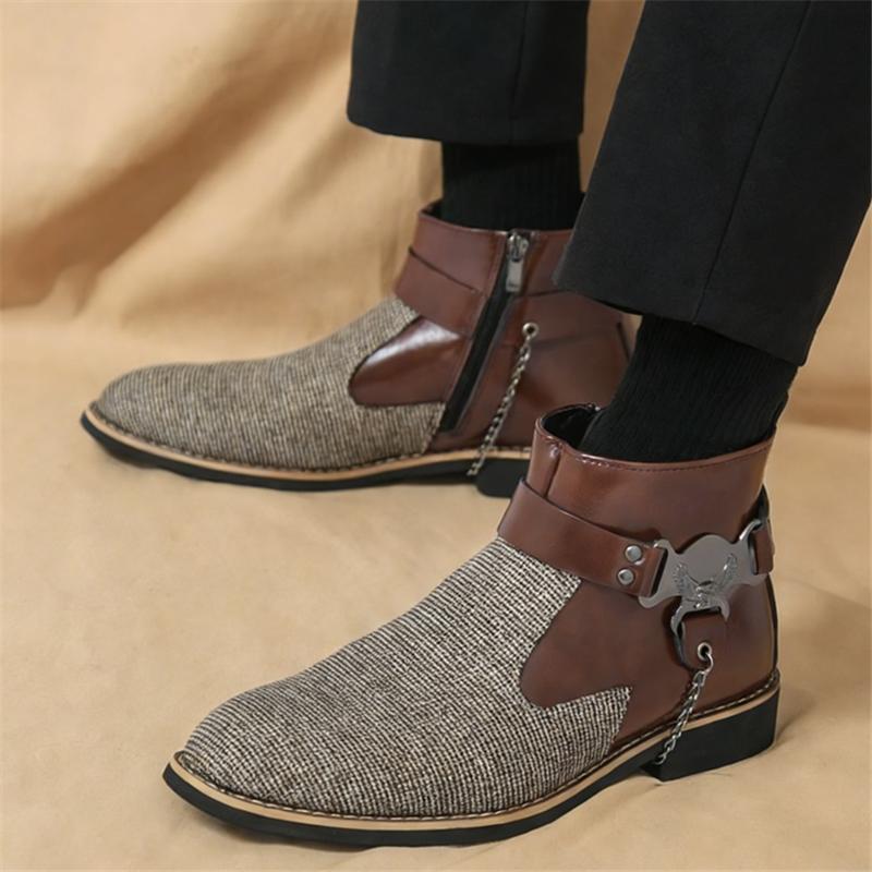 New Trend Designer Men's Pointed Mixed Patchwork Ankle Boots British Fashion Botas Casual Luxury High-top Punk Rock Shoes