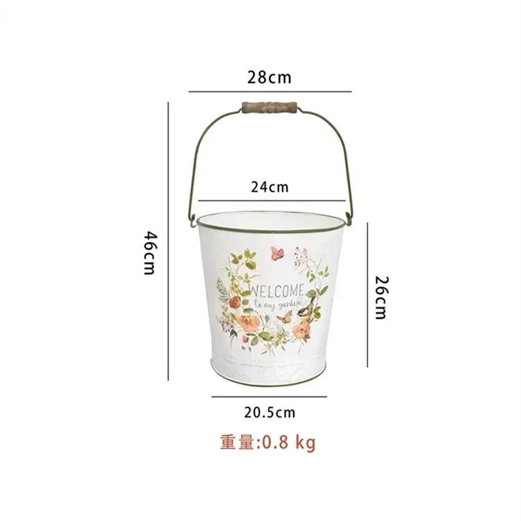 

White Printing Retro Style Ironwork Flower Bucket Portable Villa Courtyard Ground Vase Florist Flower Arrangement Decorate