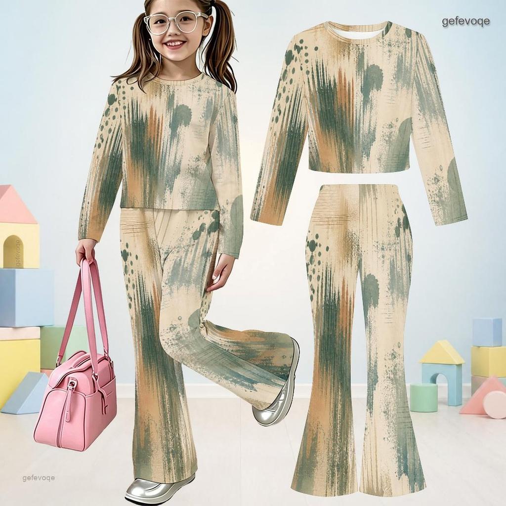 Girls Round Neck Long Sleeve Printed Top Flared Pants Two Piece Set