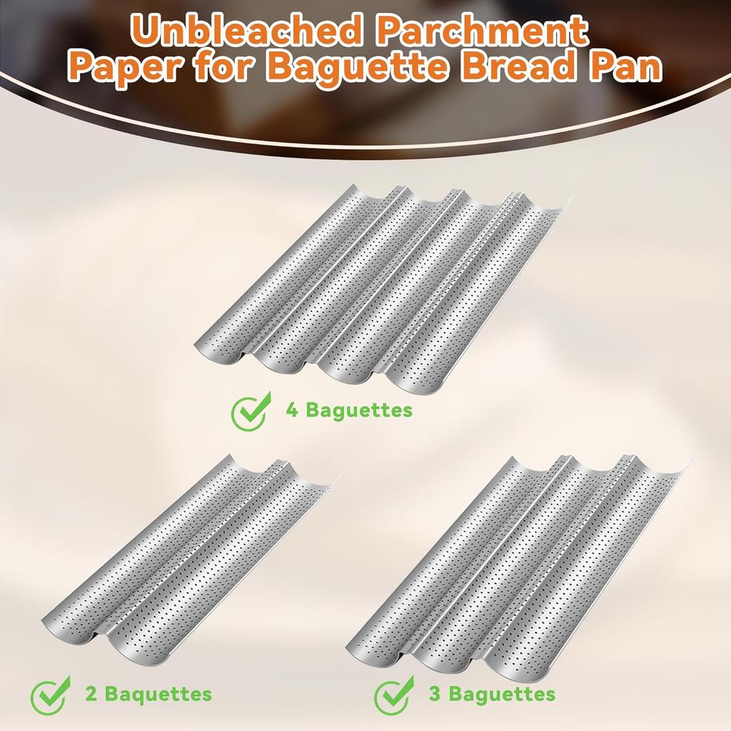 Unbleached Precut Parchment Paper for Baguette Bread Pan - 100-Pack Disposable Baking Sheets for Sourdough French Bread Pans, Non-Stick Baking