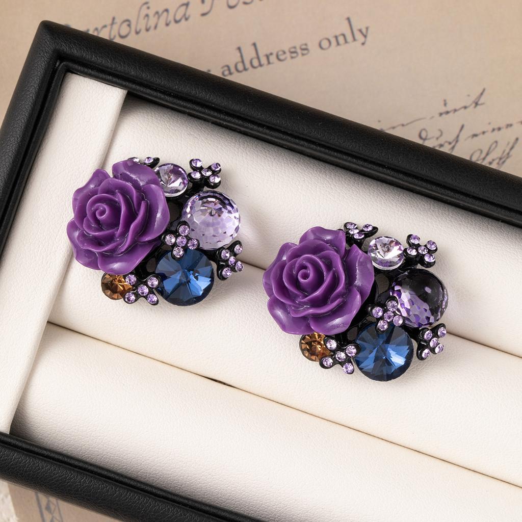 Purple Rose Flower Diamond Stud Earrings Feminine Elegance Niche Earrings Vintage Retro Unique Earrings