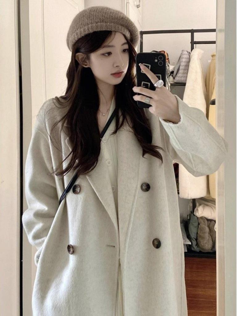 Oatmeal Double-Sided Cashmere Women's Mid-Length Coat - 2023 Autumn/Winter Korean Hepburn Style