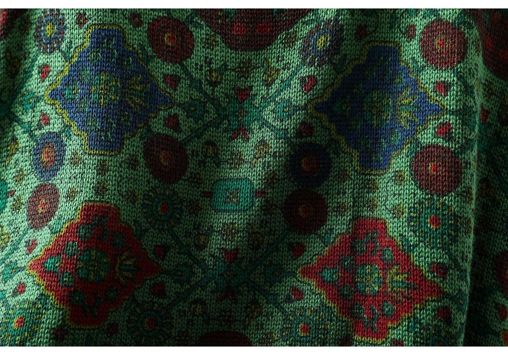 2025 Retro Ethnic Print Plus Size Women's Cotton Knit Sweater for Fall/Winter